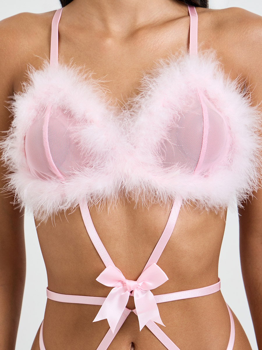 Pink Faux Feather Trim Bow Deatils Bodysuit with Fishnet Stockings