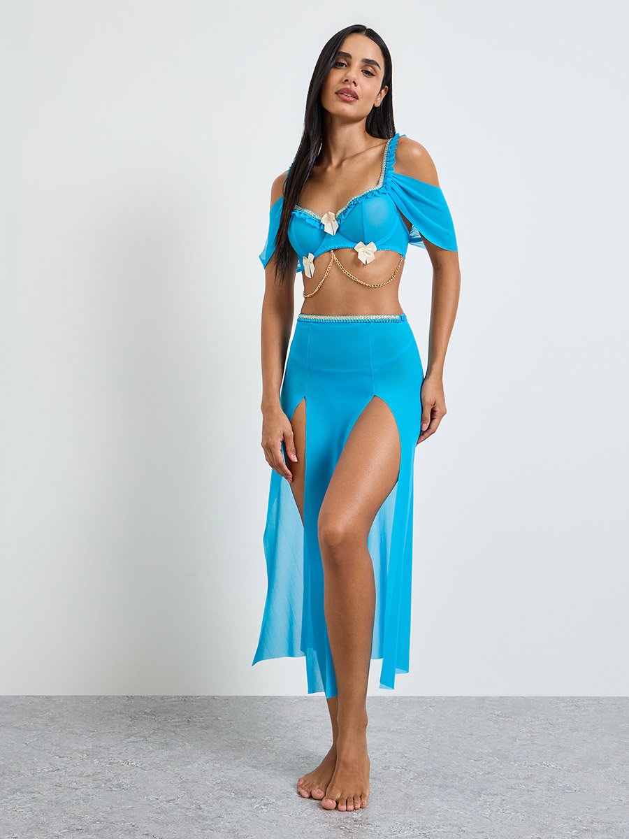 Plain Cold Shoulder Crop Top and Slit Skirt with Thong Lingerie Set