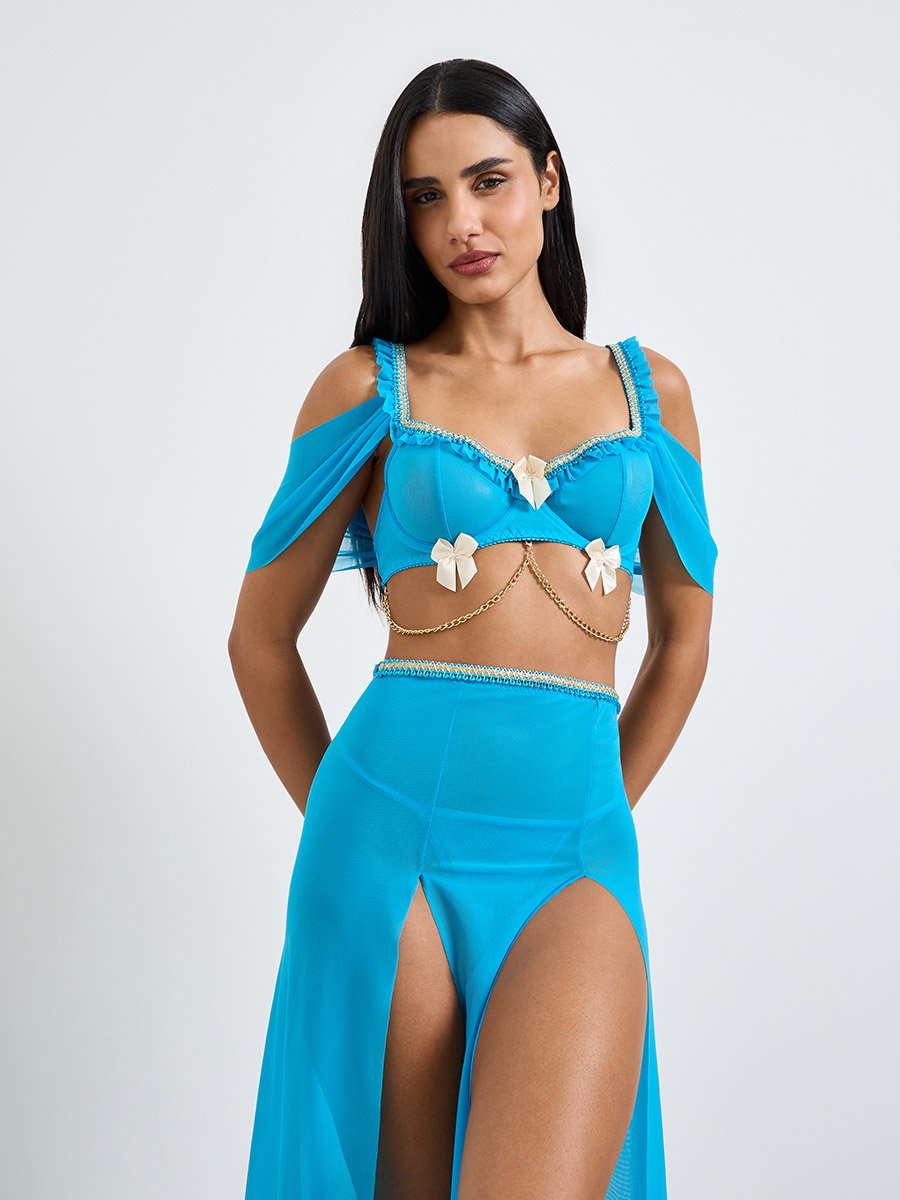 Plain Cold Shoulder Crop Top and Slit Skirt with Thong Lingerie Set