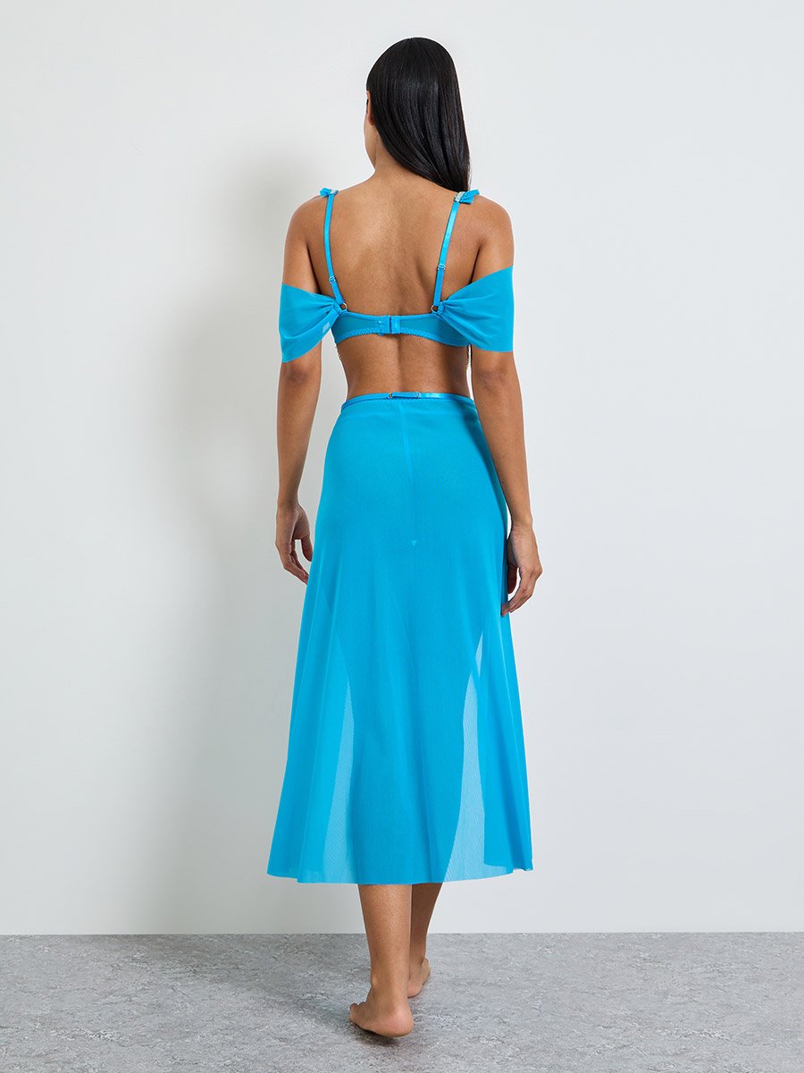 Plain Cold Shoulder Crop Top and Slit Skirt with Thong Lingerie Set