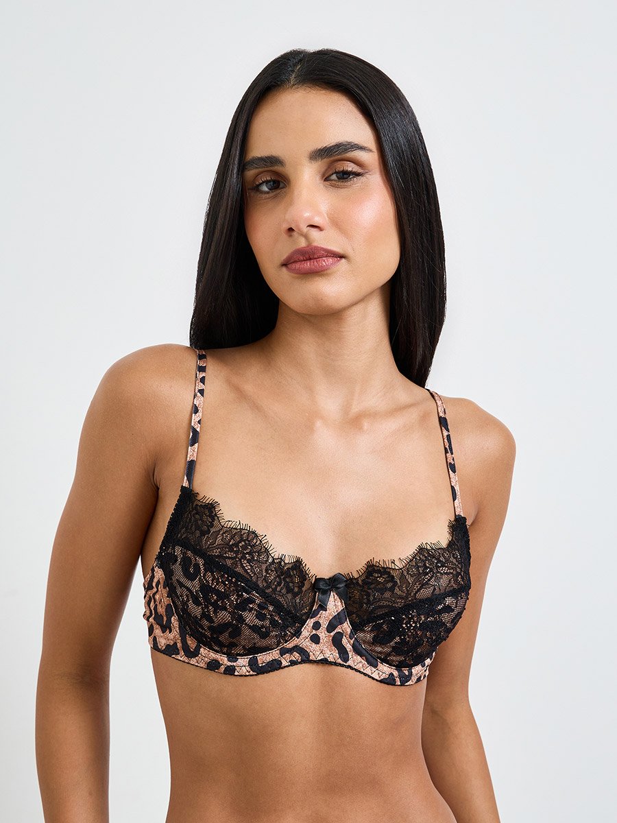 Animal Print Trim Lace Bra and Thong Lingerie Set