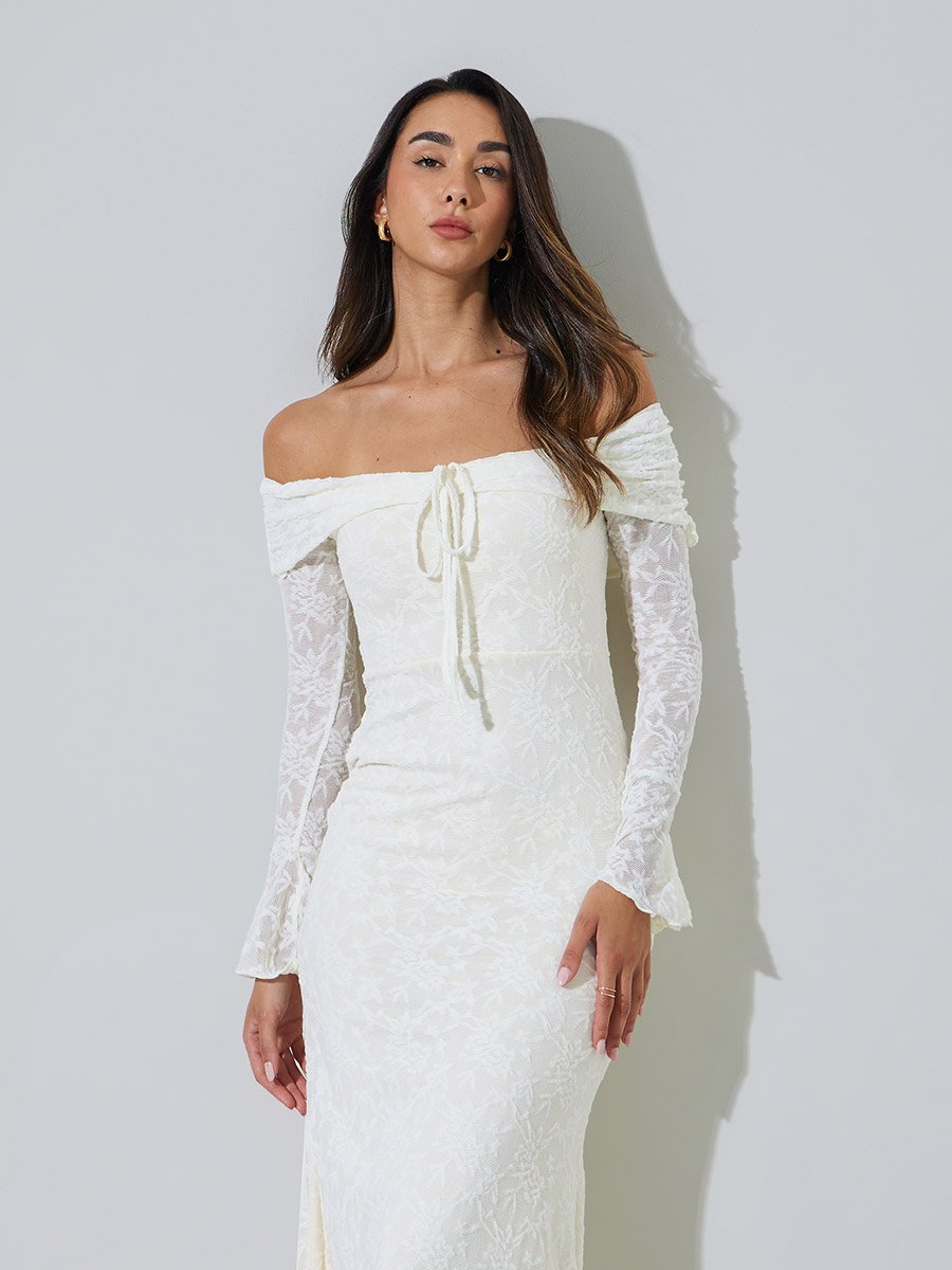 Beige Off Shoulder Mermaid Hem Maxi Dress