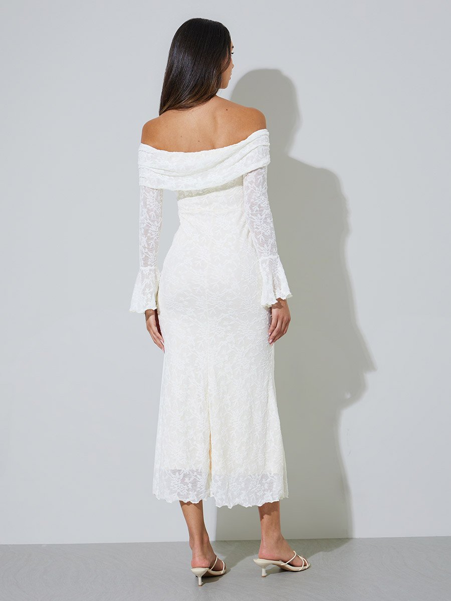 Beige Off Shoulder Mermaid Hem Maxi Dress