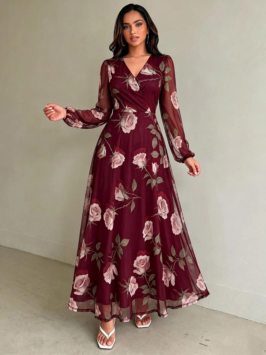 Maroon Floral V Neck Wrap Maxi Dress