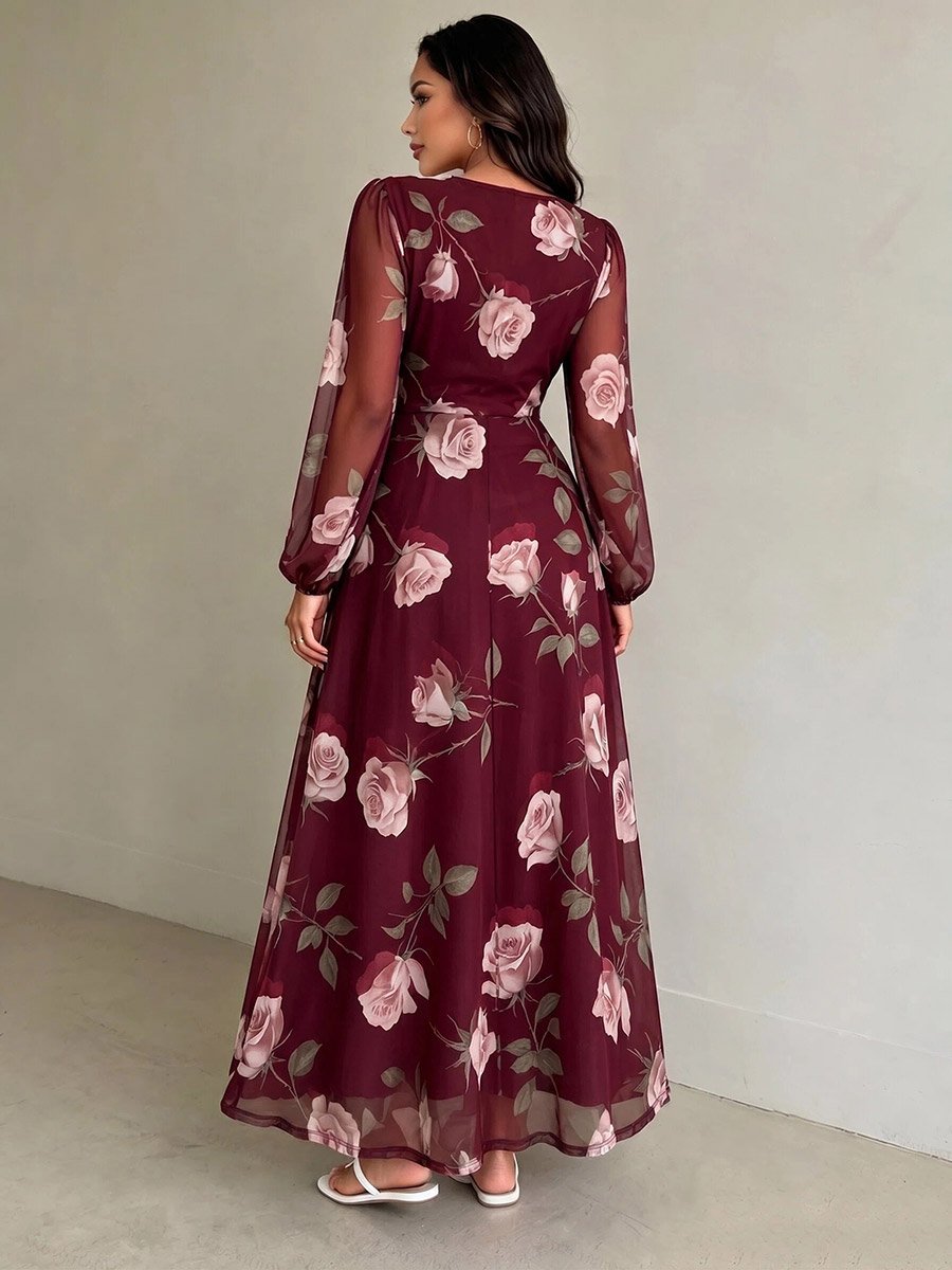 Maroon Floral V Neck Wrap Maxi Dress