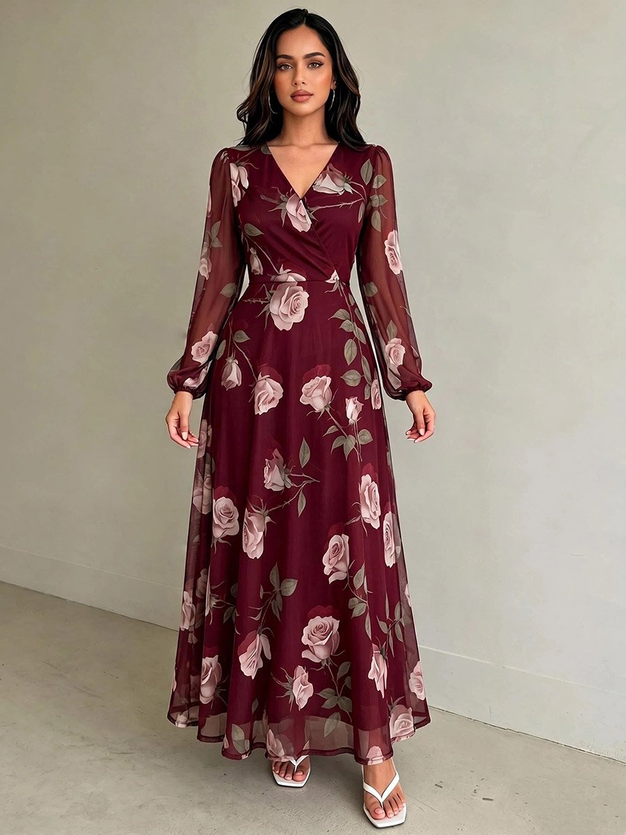 Maroon Floral V Neck Wrap Maxi Dress