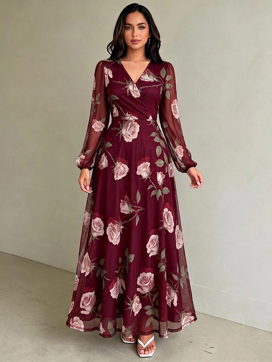 Maroon Floral V Neck Wrap Maxi Dress