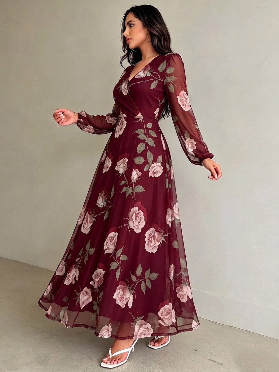 Maroon Floral V Neck Wrap Maxi Dress