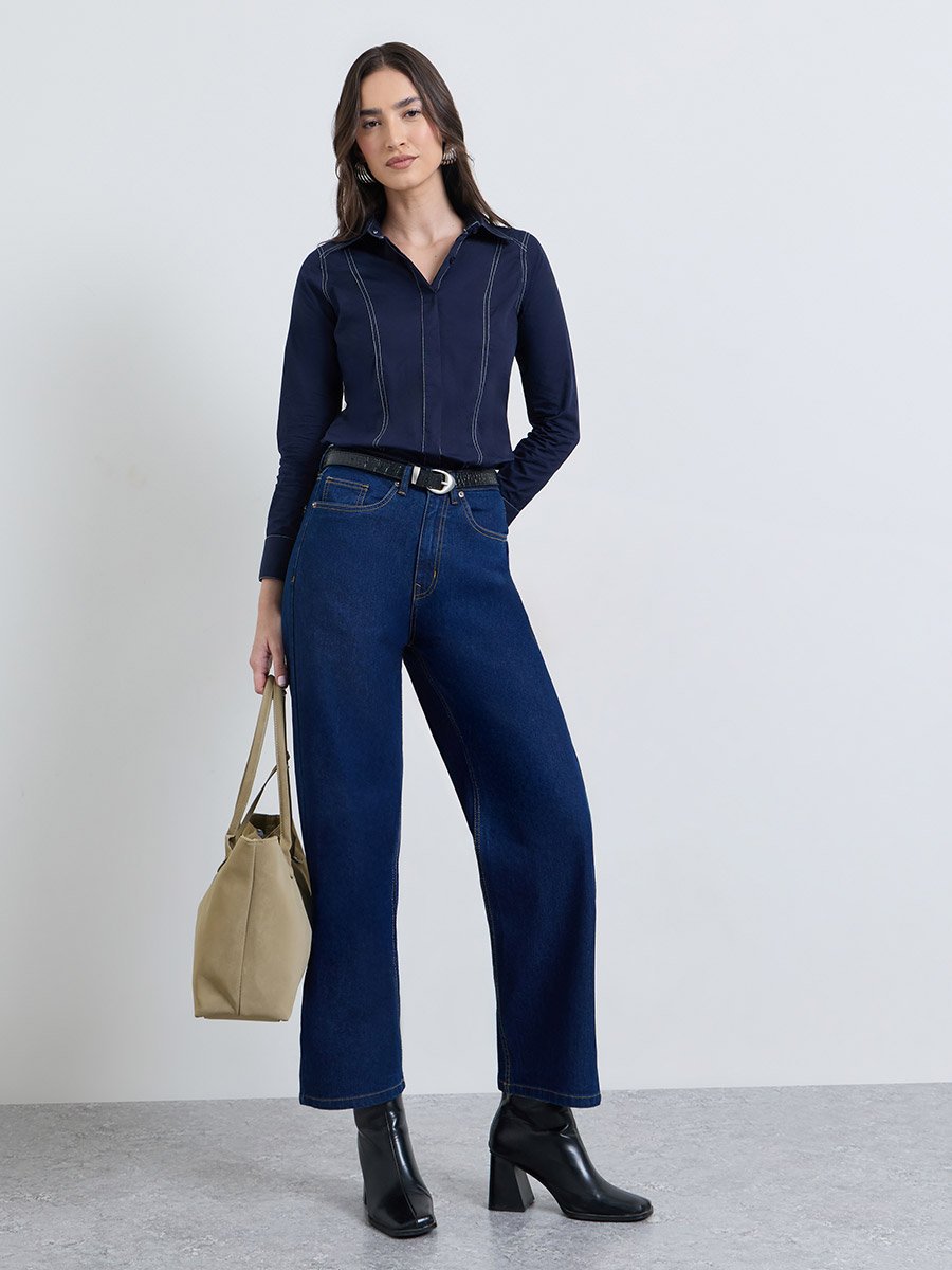 Dark Blue High Rise Straight Leg Jeans