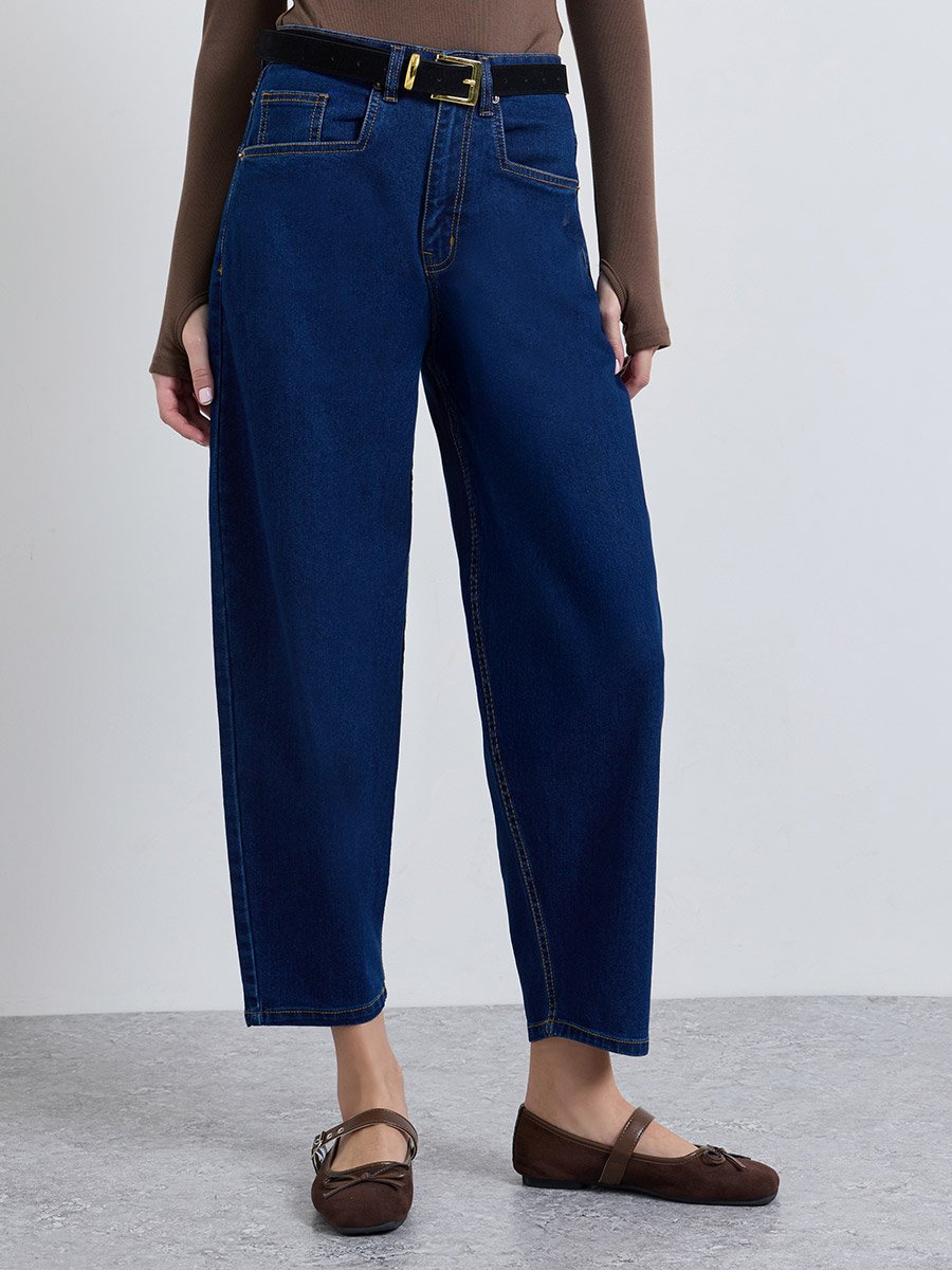 Dark Blue High Rise Barrel Jeans