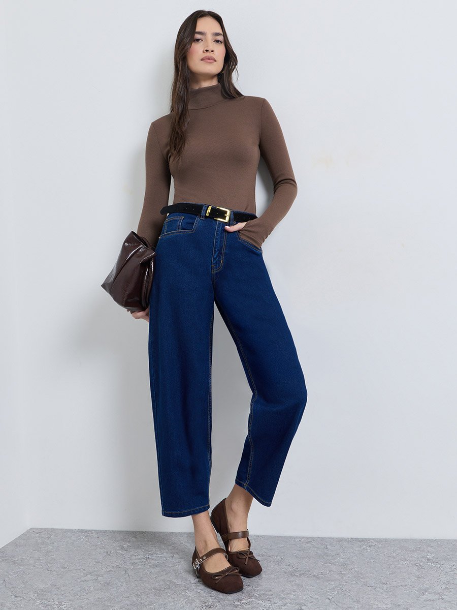 Dark Blue High Rise Barrel Jeans