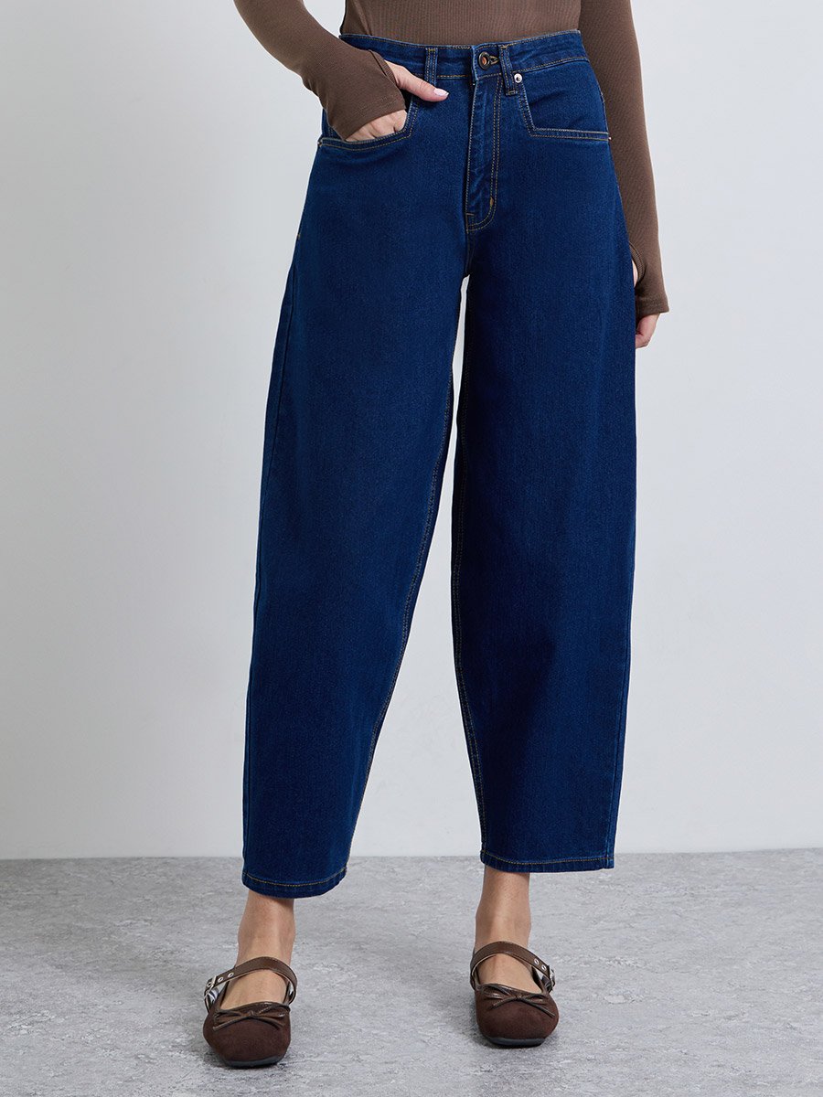 Dark Blue High Rise Barrel Jeans