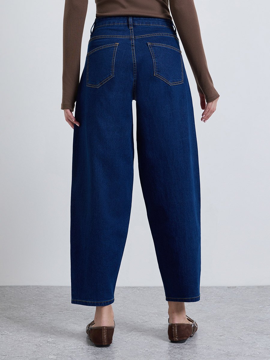 Dark Blue High Rise Barrel Jeans