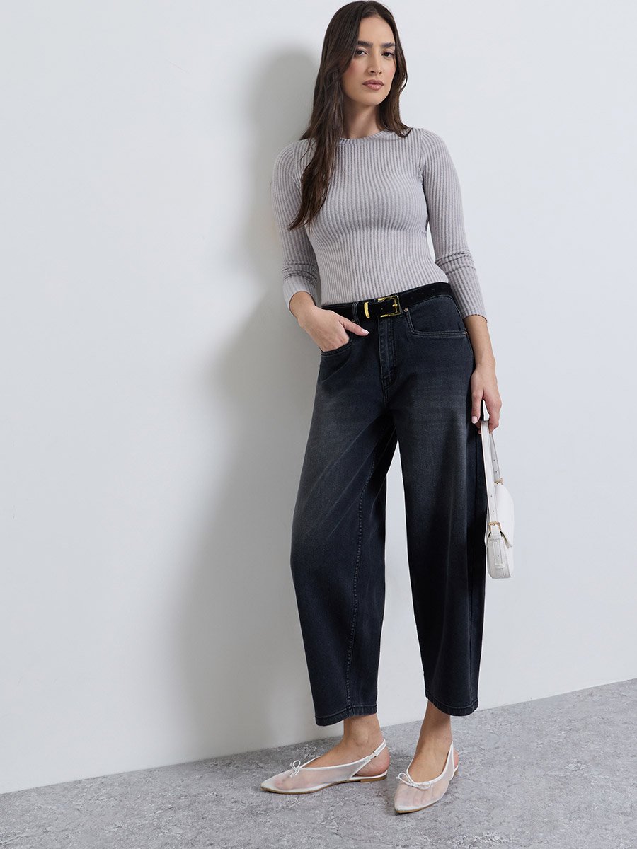 Charcoal High Rise Barrel Jeans