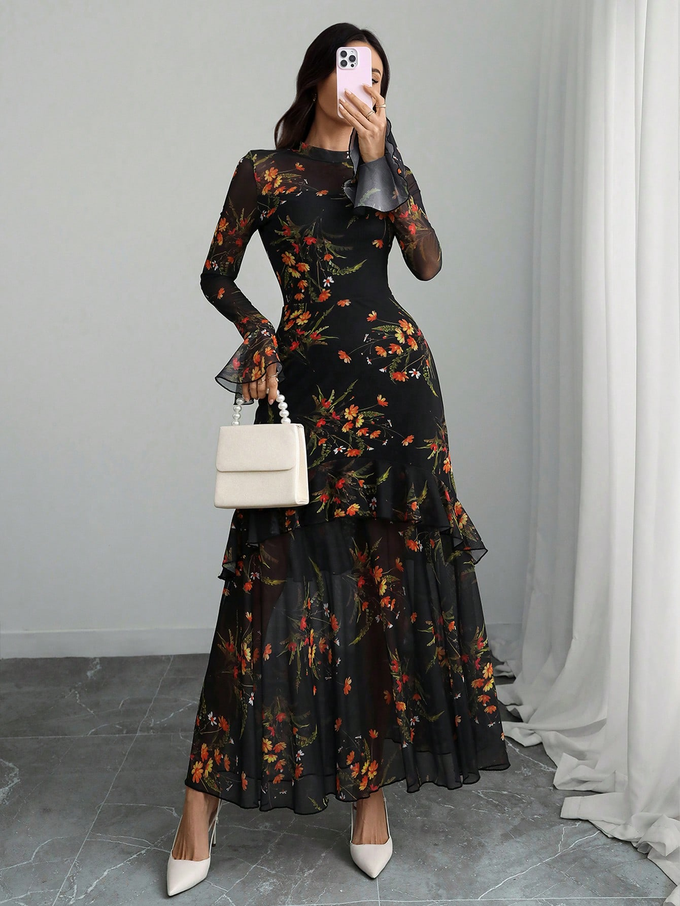 Floral Graphic Mesh Maxi Dress with Long Sleeves