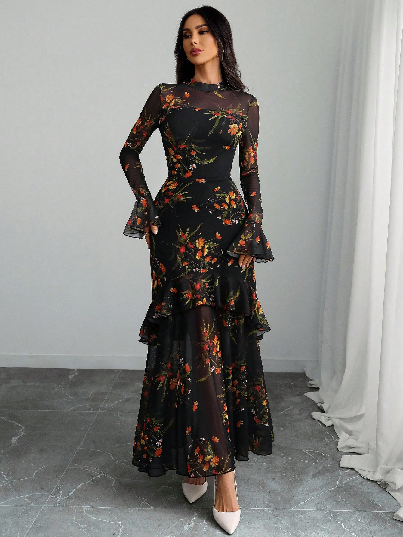 Floral Graphic Mesh Maxi Dress with Long Sleeves