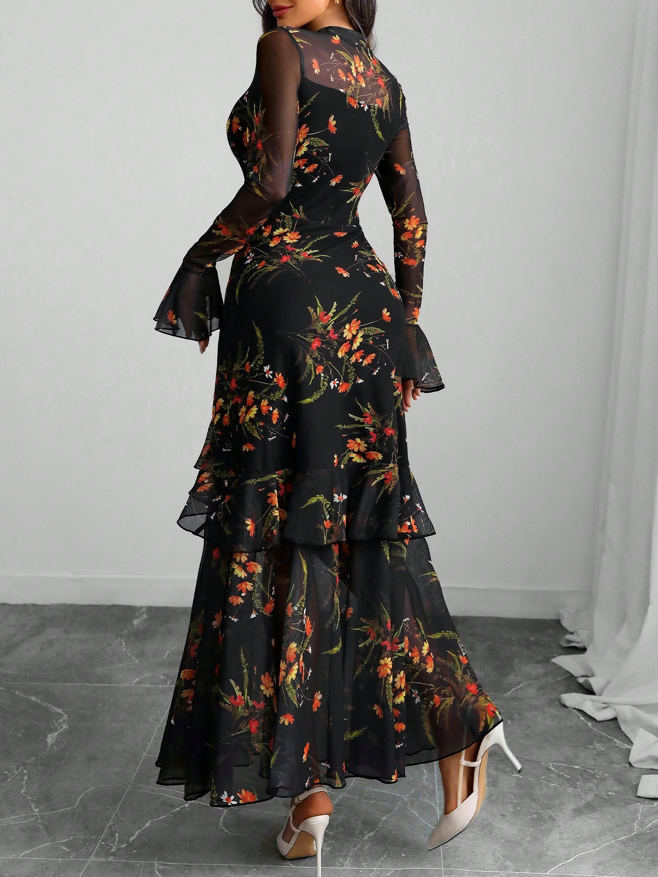 Floral Graphic Mesh Maxi Dress with Long Sleeves