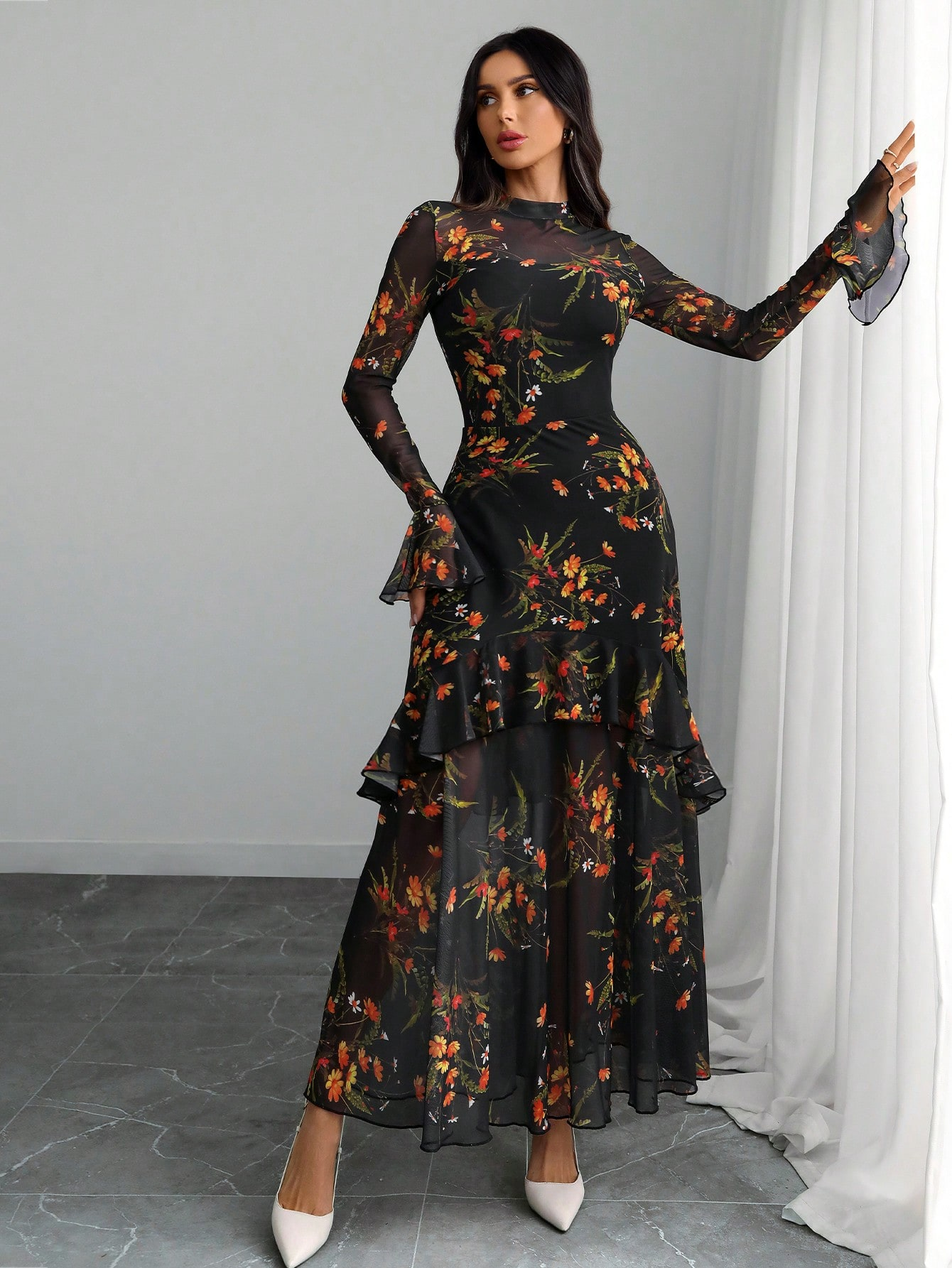 Floral Graphic Mesh Maxi Dress with Long Sleeves