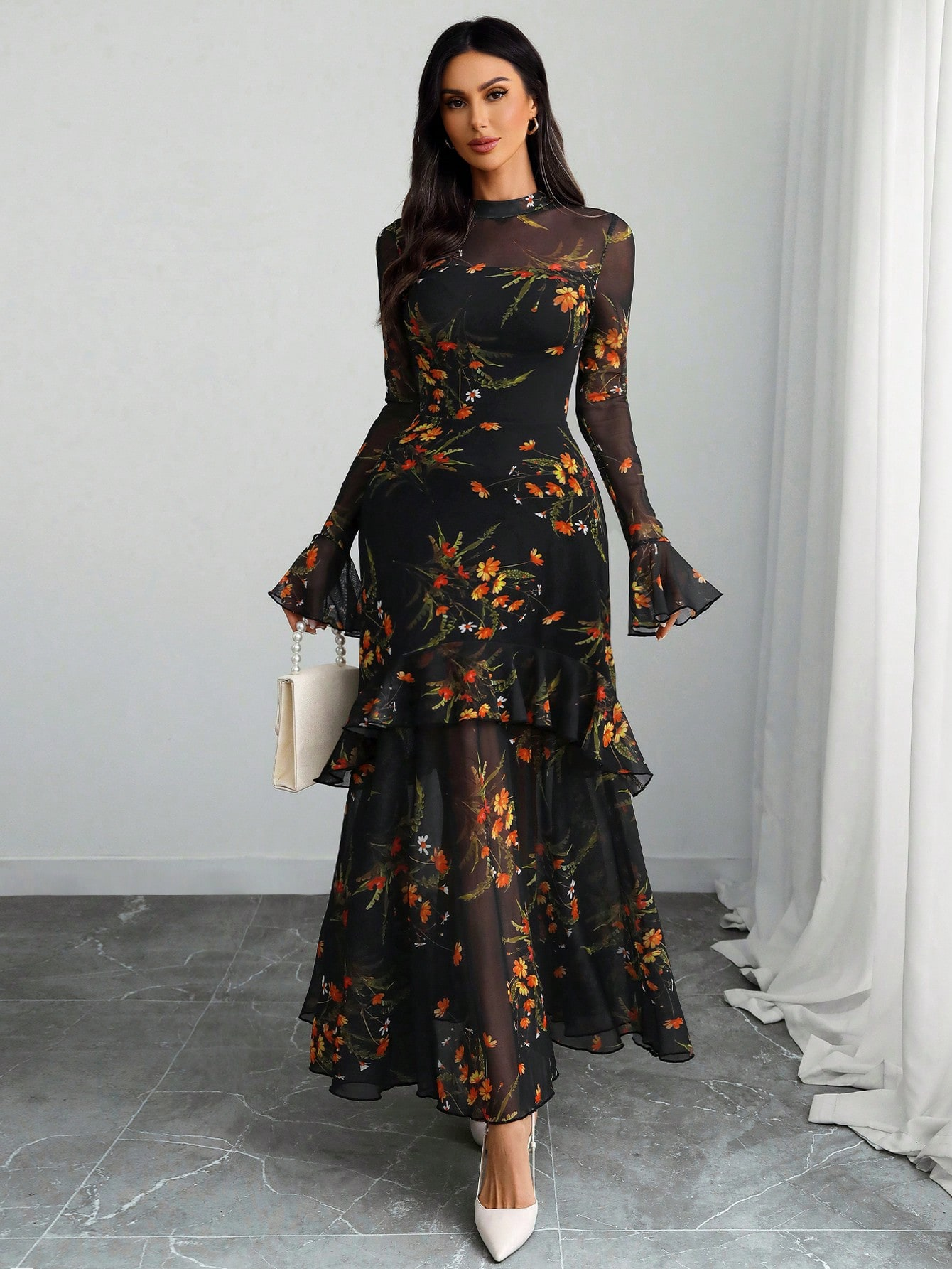 Floral Graphic Mesh Maxi Dress with Long Sleeves