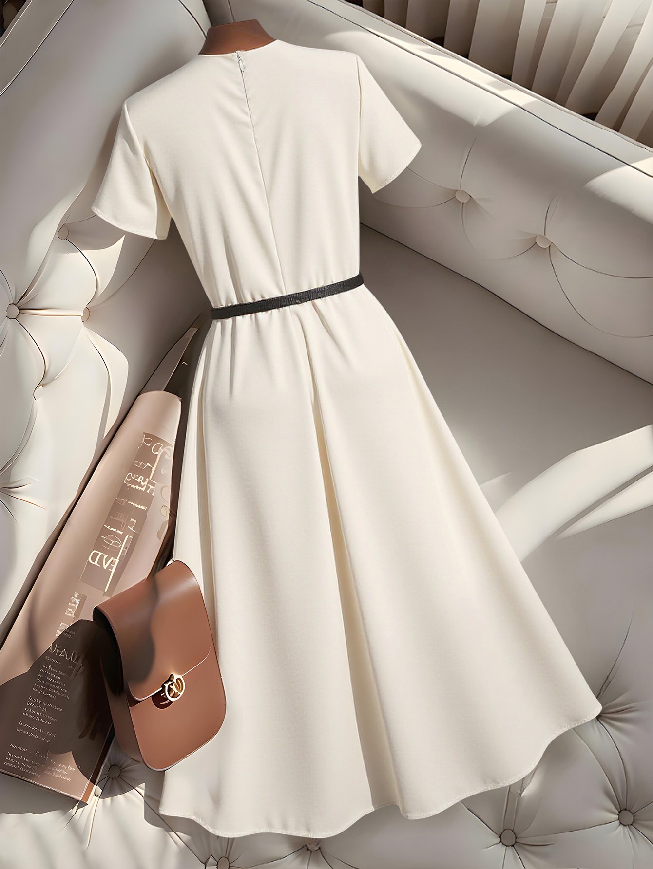 Beige A-Line Midi Dress with Short Sleeves