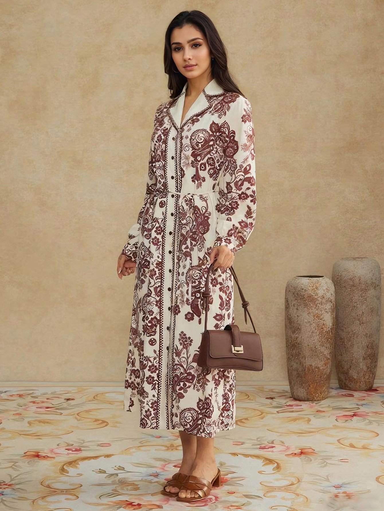 Floral A-Line Midi Dress with Long Sleeves