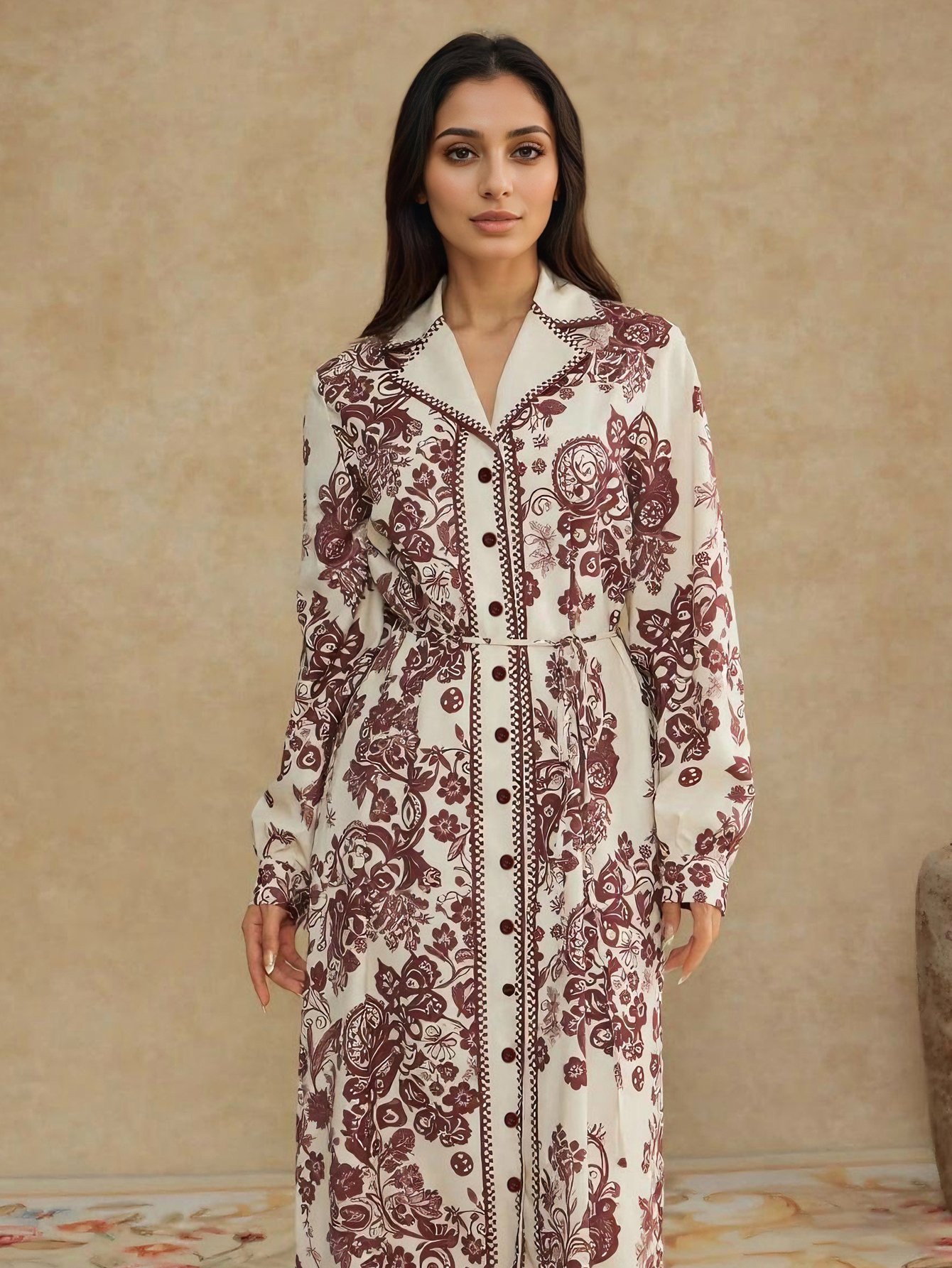 Floral A-Line Midi Dress with Long Sleeves