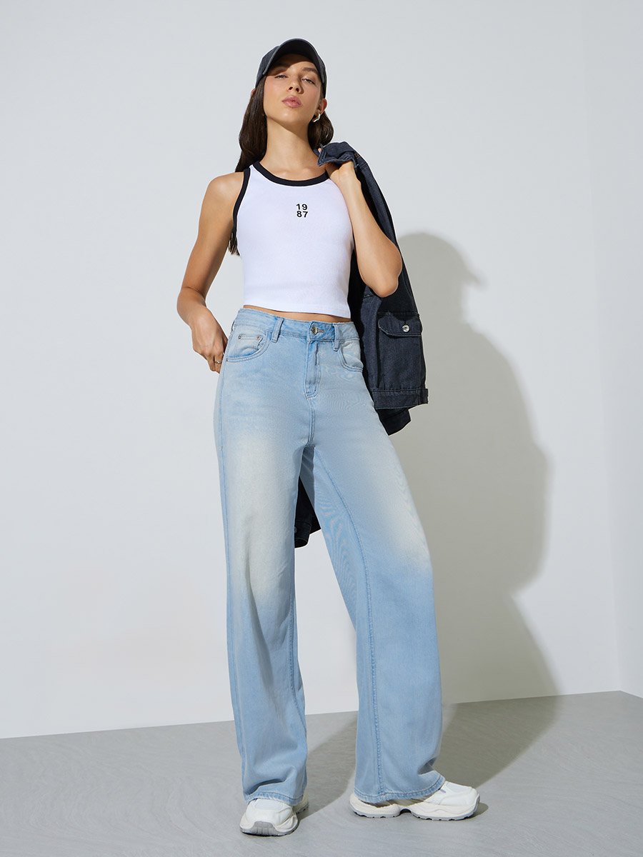 Blue Faded Wide Leg Jeans with Pocket