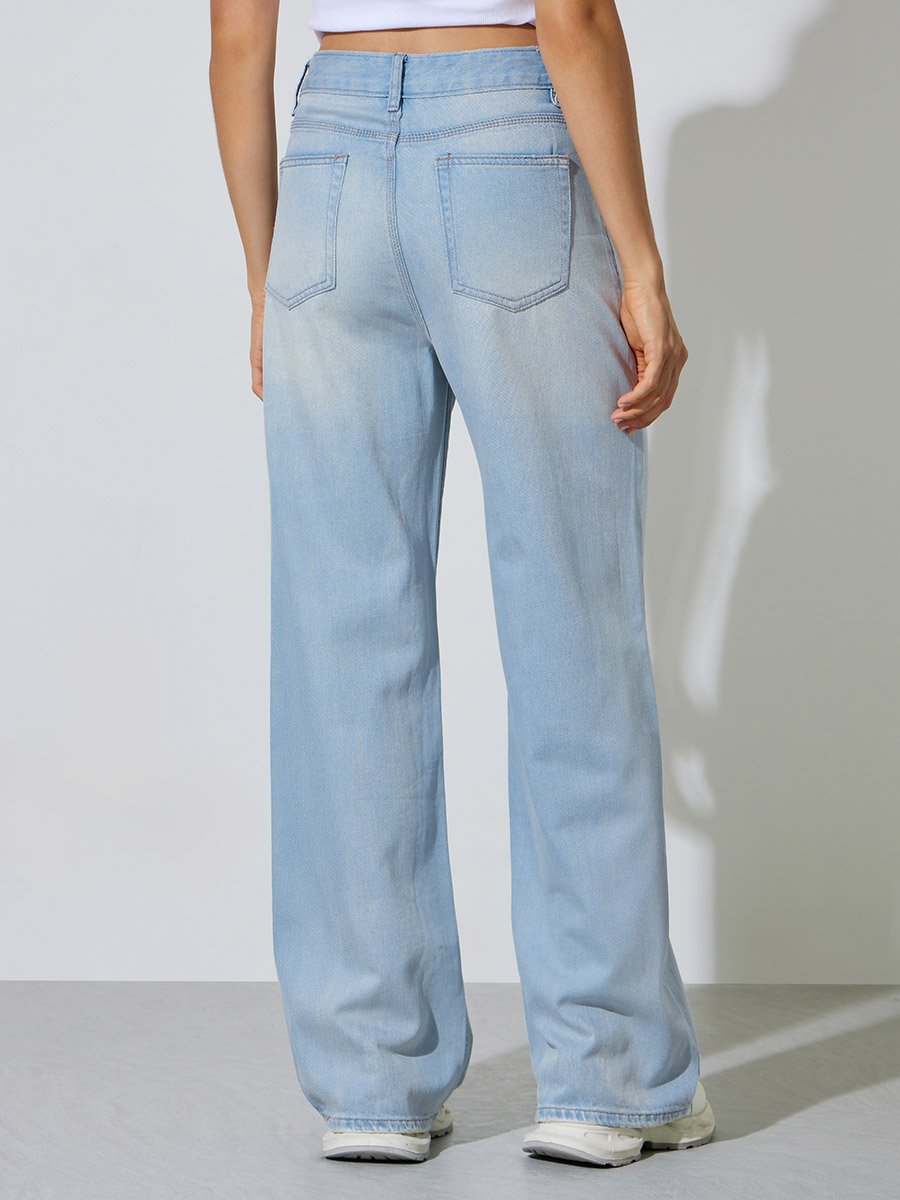 Blue Faded Wide Leg Jeans with Pocket