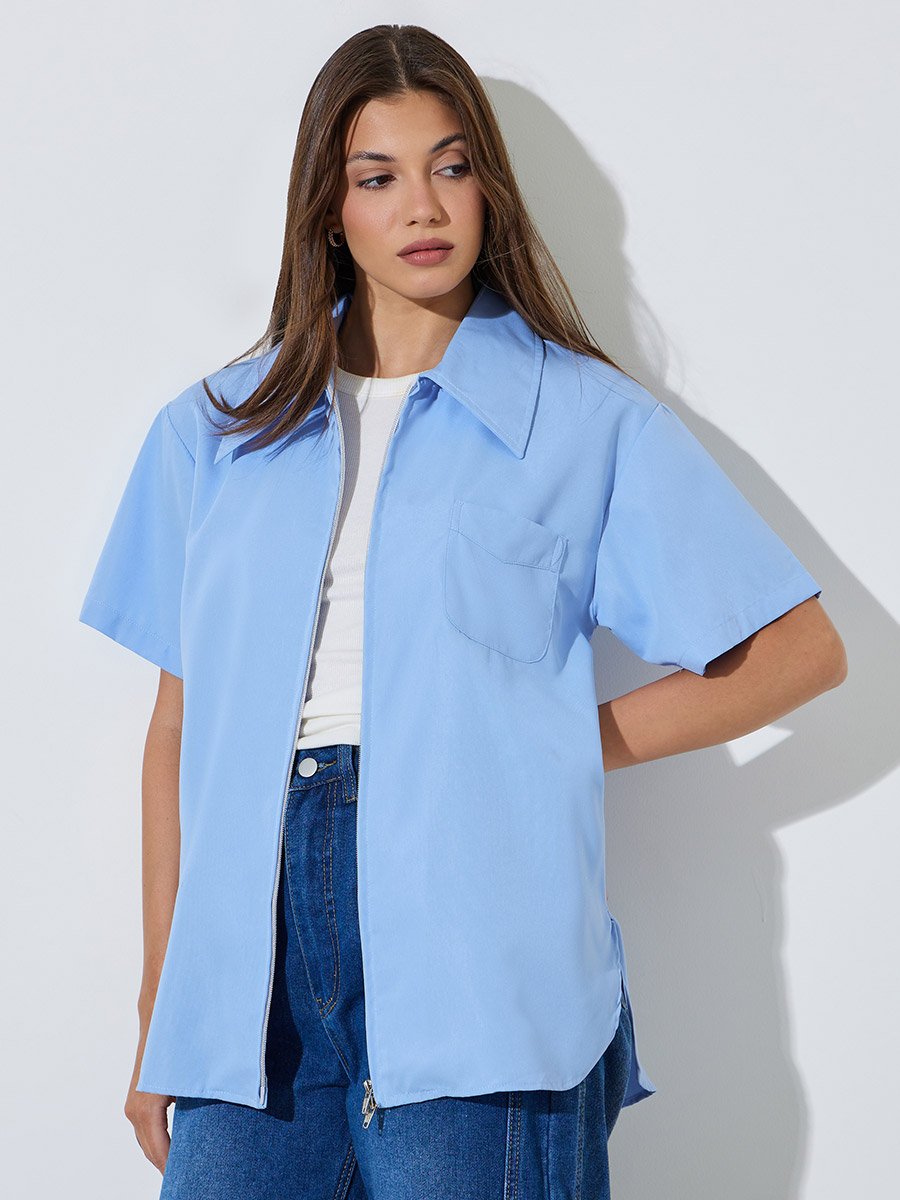 Blue Zip-Up Oversized Shirt