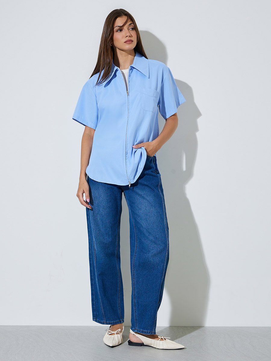 Blue Zip-Up Oversized Shirt