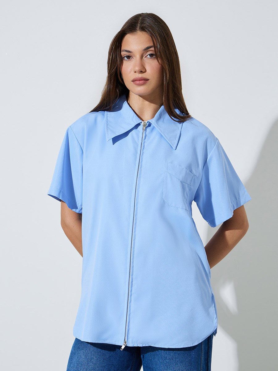 Blue Zip-Up Oversized Shirt