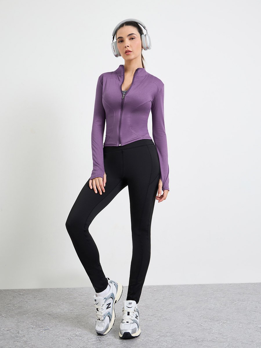 Purple Basic Thumbhole Detail Zip Up Jacket