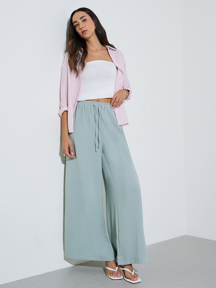 Blue Solid Drawstring Waist Wide Leg Pants