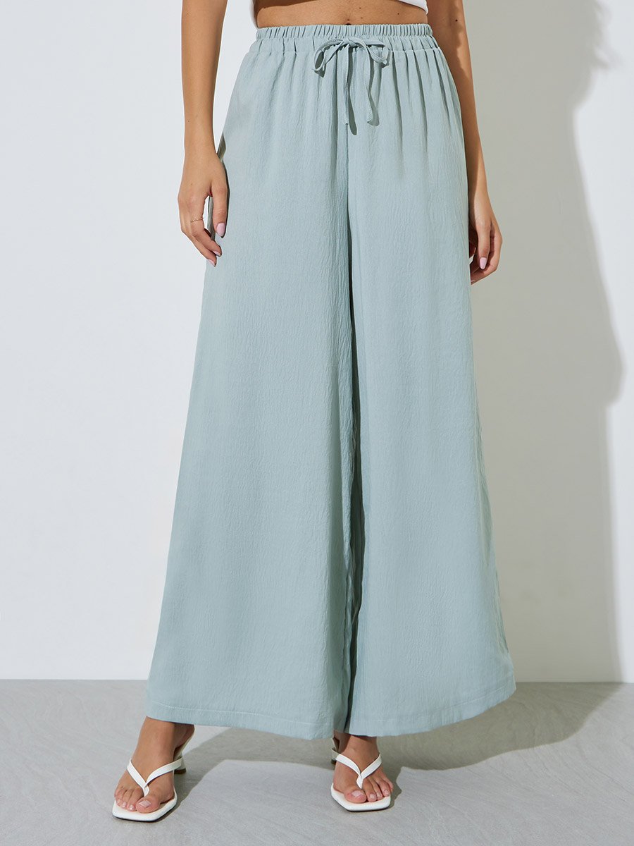 Blue Solid Drawstring Waist Wide Leg Pants