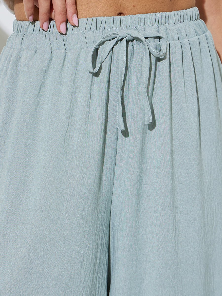 Blue Solid Drawstring Waist Wide Leg Pants