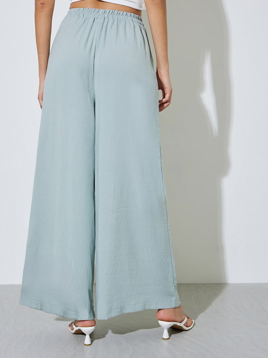 Blue Solid Drawstring Waist Wide Leg Pants
