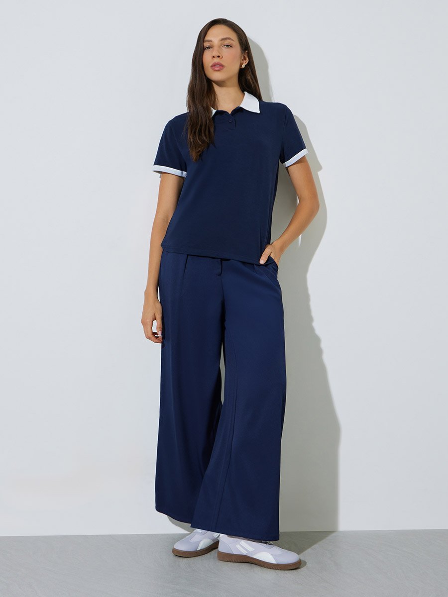 Dark Blue Solid Regular Fit Polo T-Shirt