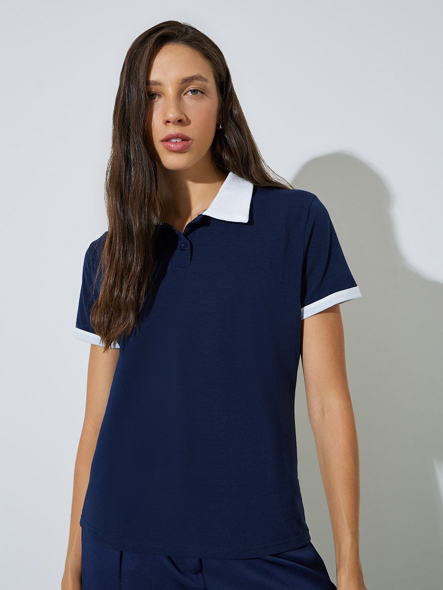 Dark Blue Solid Regular Fit Polo T-Shirt