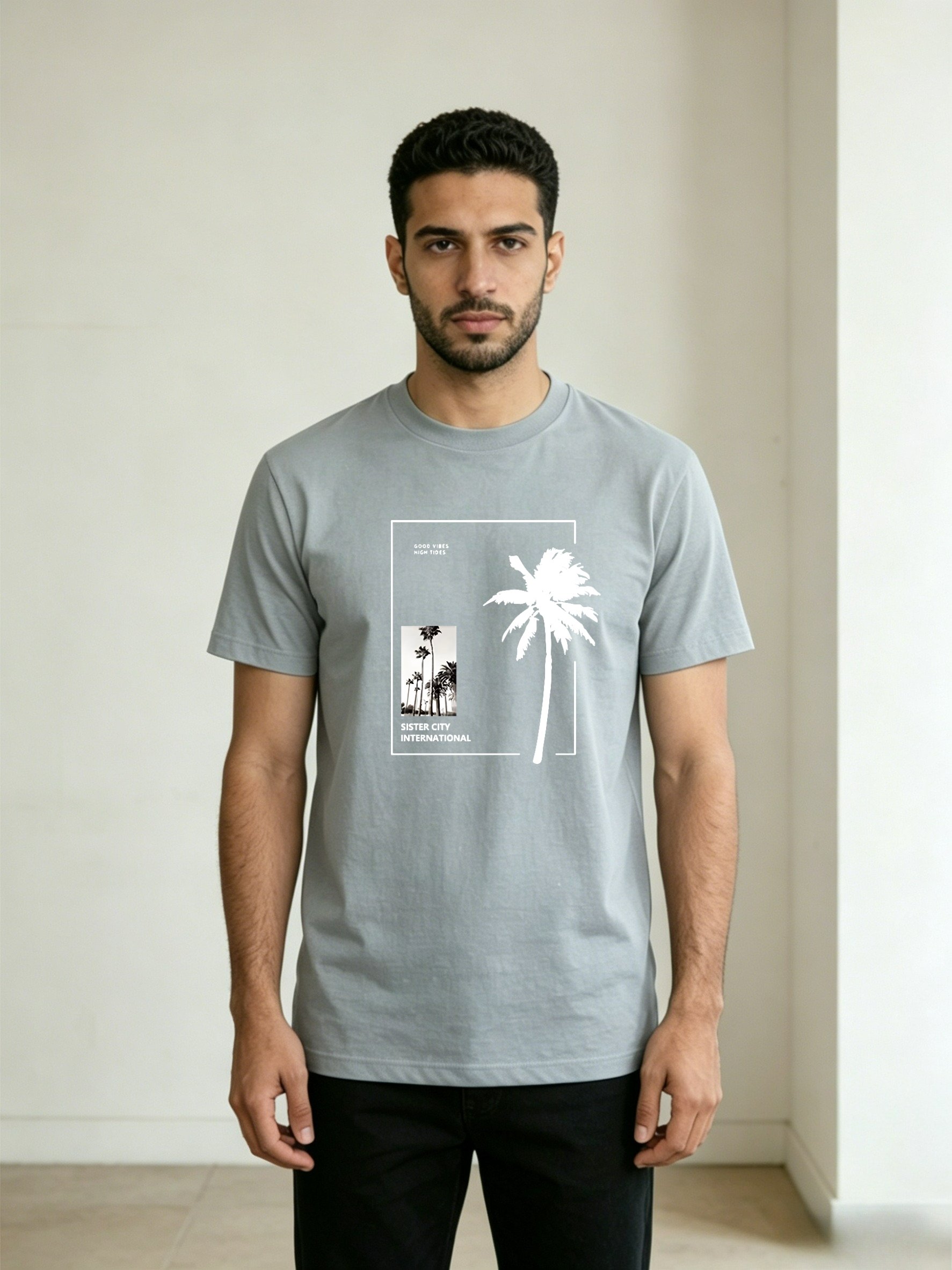 Men Grey Palm Tree Graphic Print T-Shirt