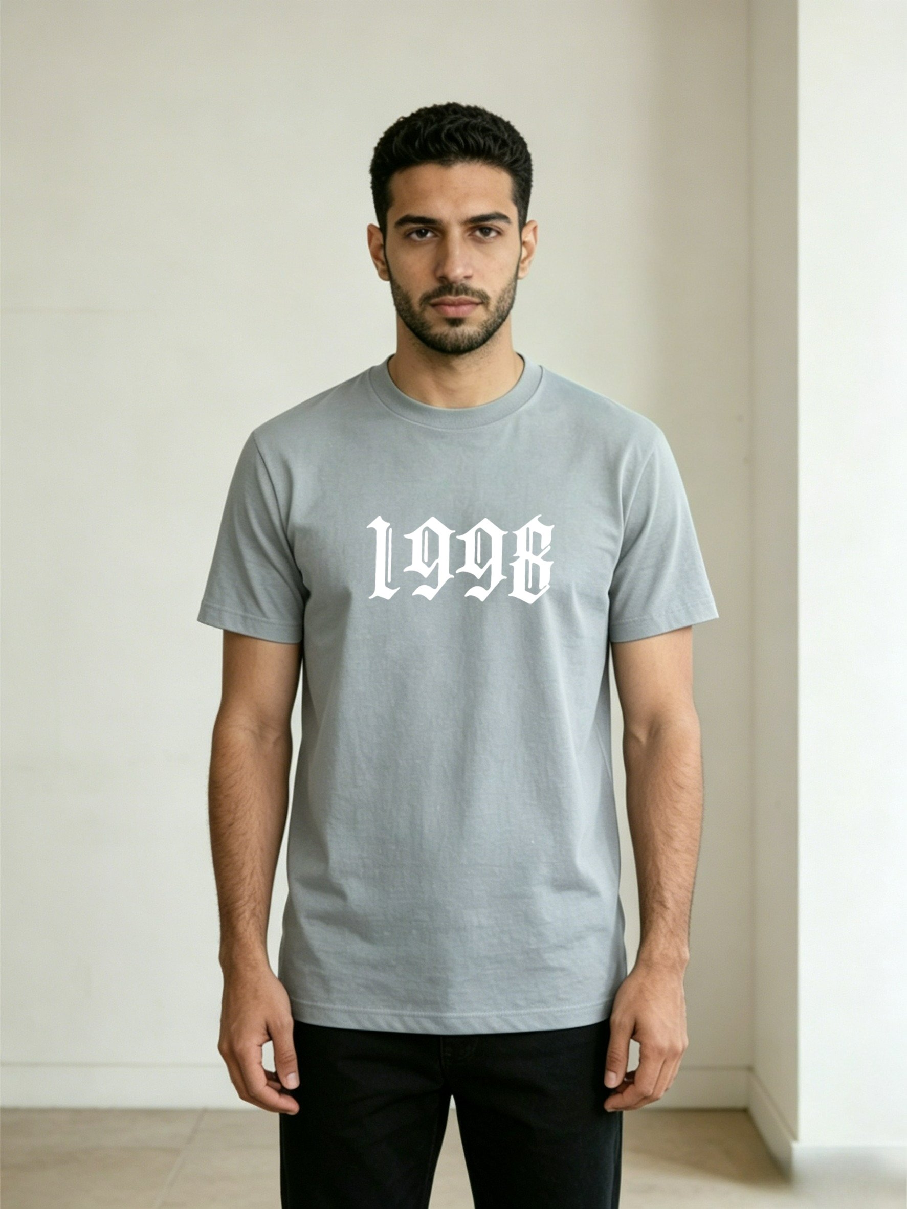 Men Grey 1998 Print Short Sleeve T-Shirt