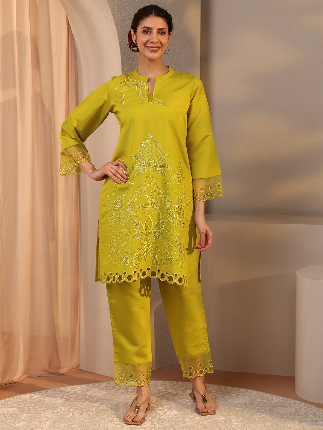 Green Embroidered Silk Blend Co-Ords Set