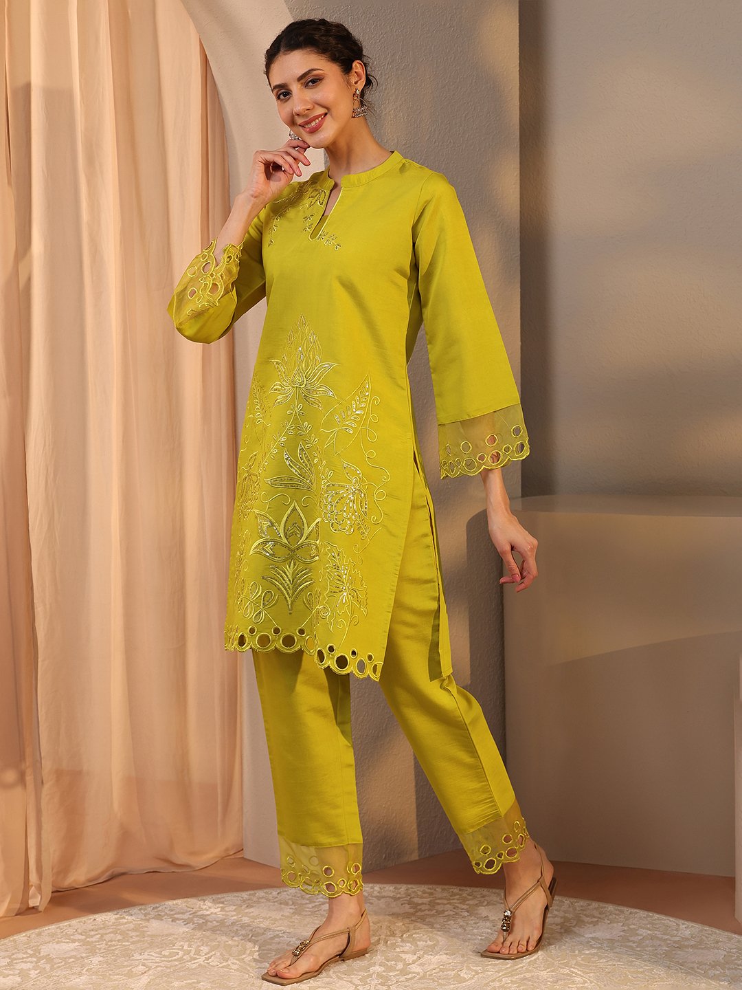 Green Embroidered Silk Blend Co-Ords Set