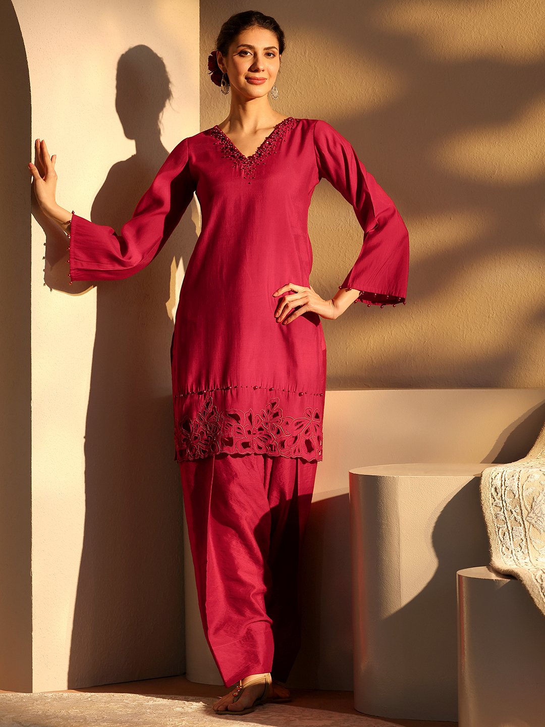 Maroon Embellished Silk Blend Co-Ords Set