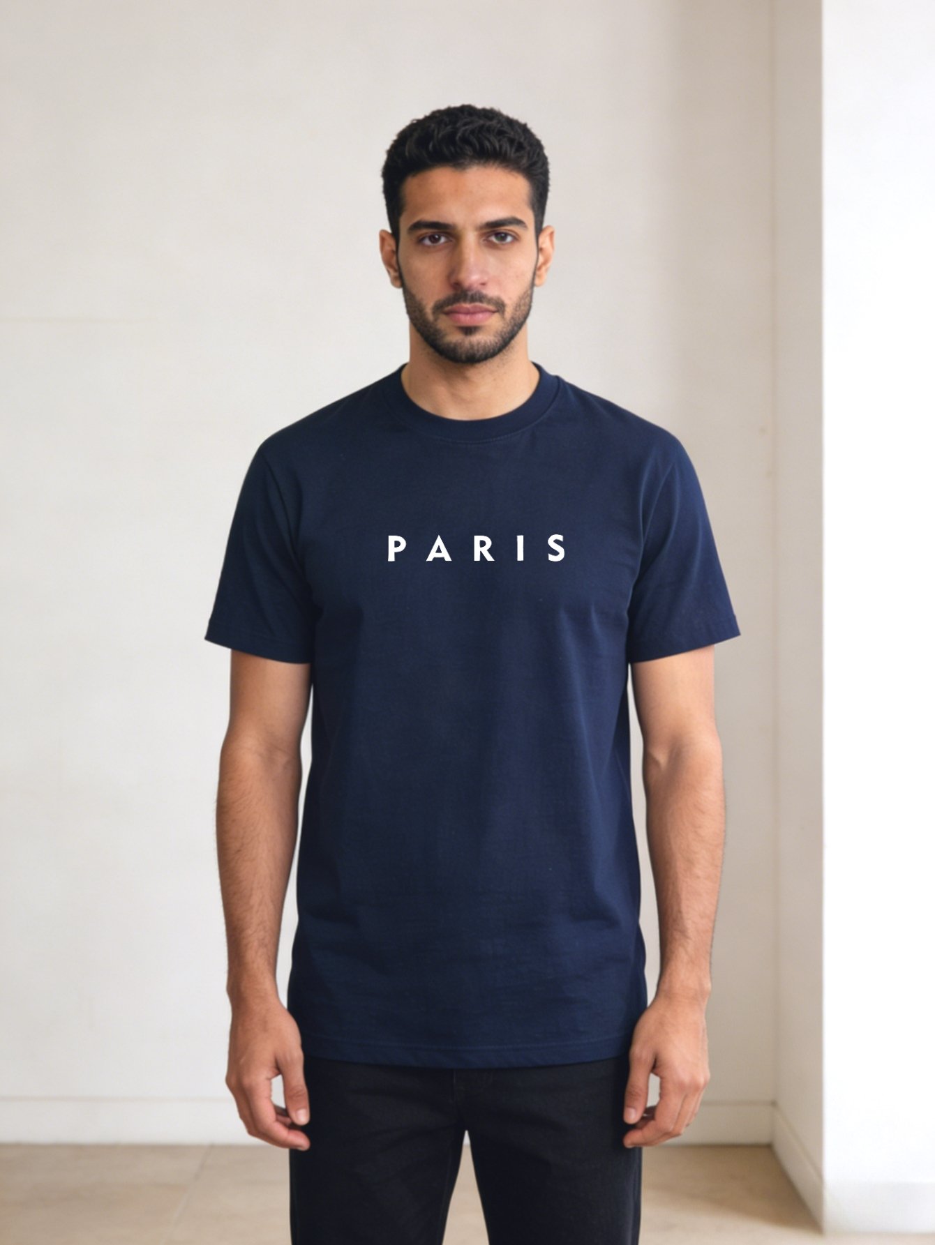 Men Navy Blue Paris Print Crew Neck T-Shirt