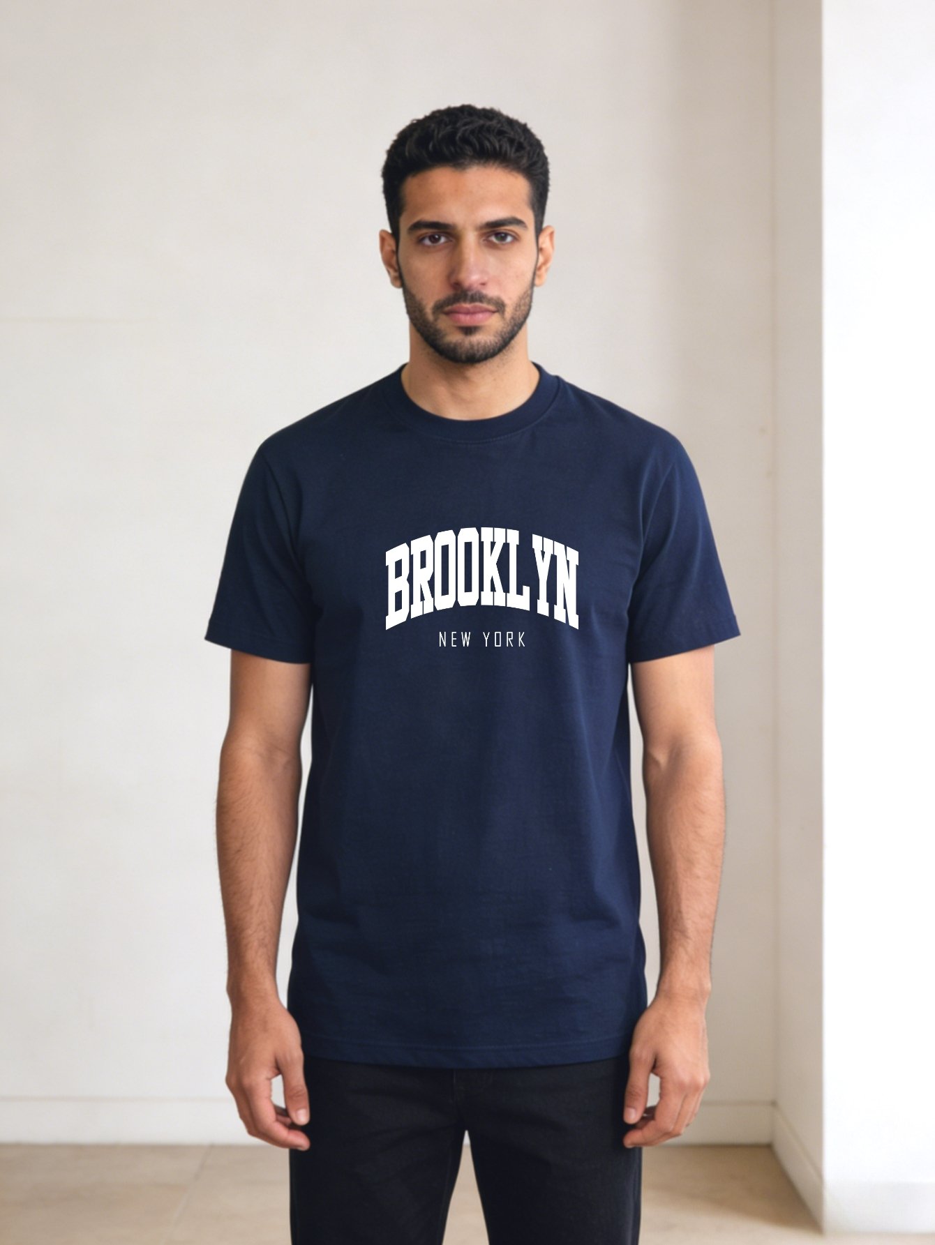Men Blue Brooklyn Print Crew Neck T-Shirt