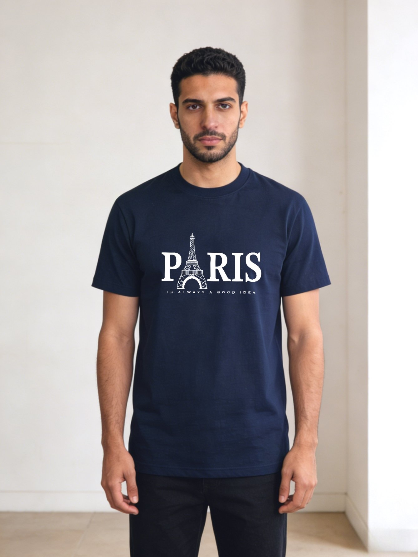 Men Navy Blue Paris Graphic Print Crew Neck T-Shirt 