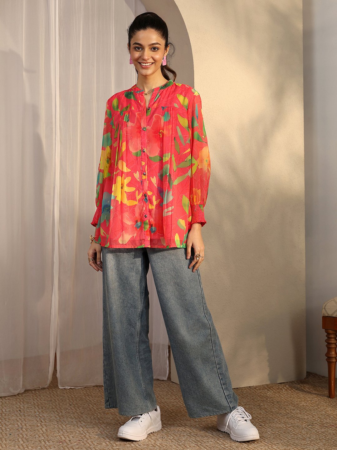Coral Floral Print Chiffon Top