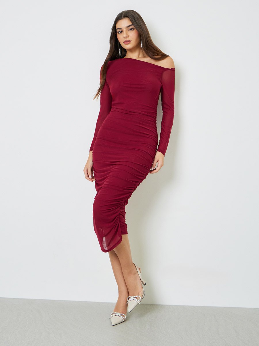 Burgundy Ruched Bodycon Midi Dress