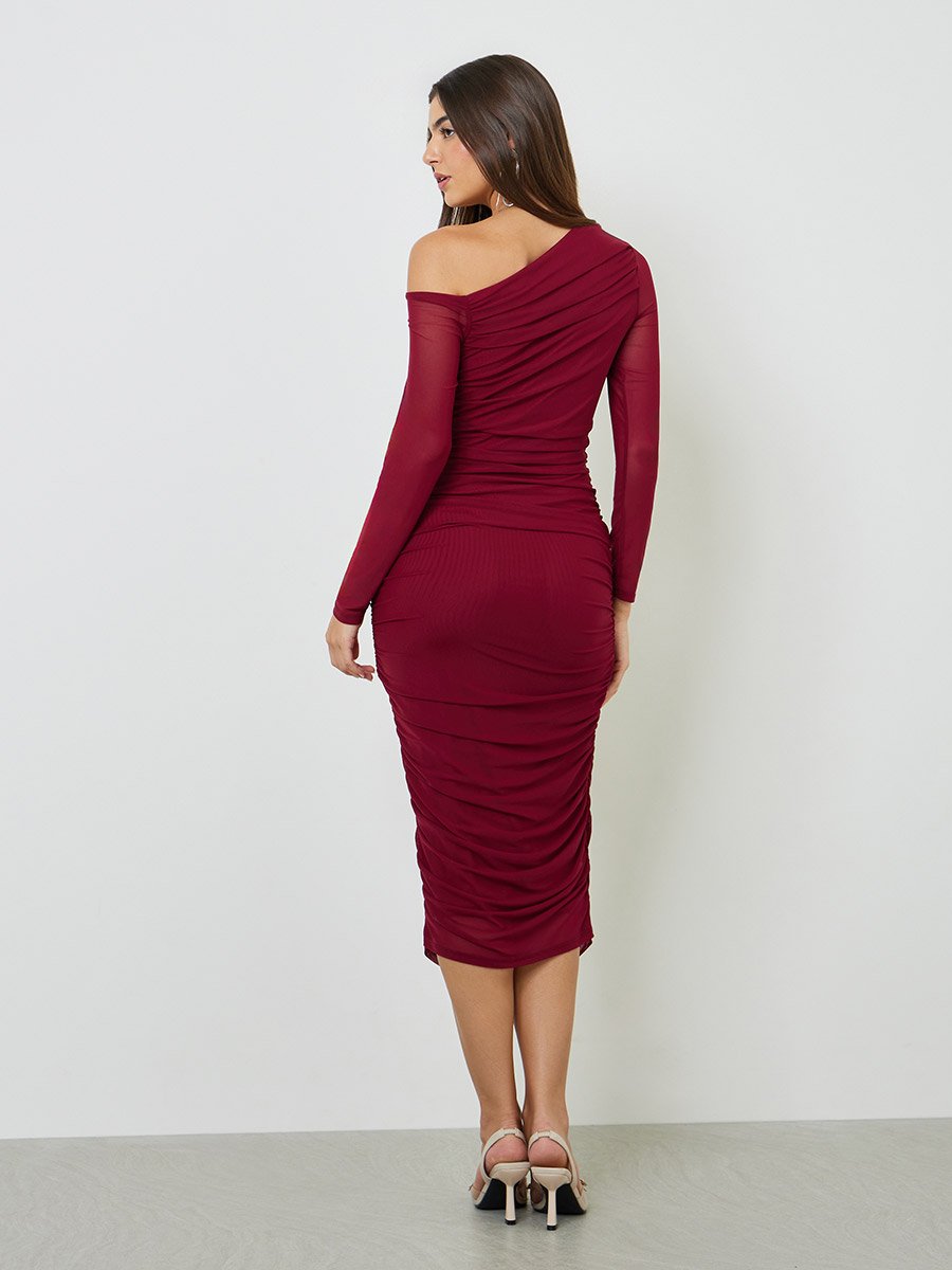 Burgundy Ruched Bodycon Midi Dress