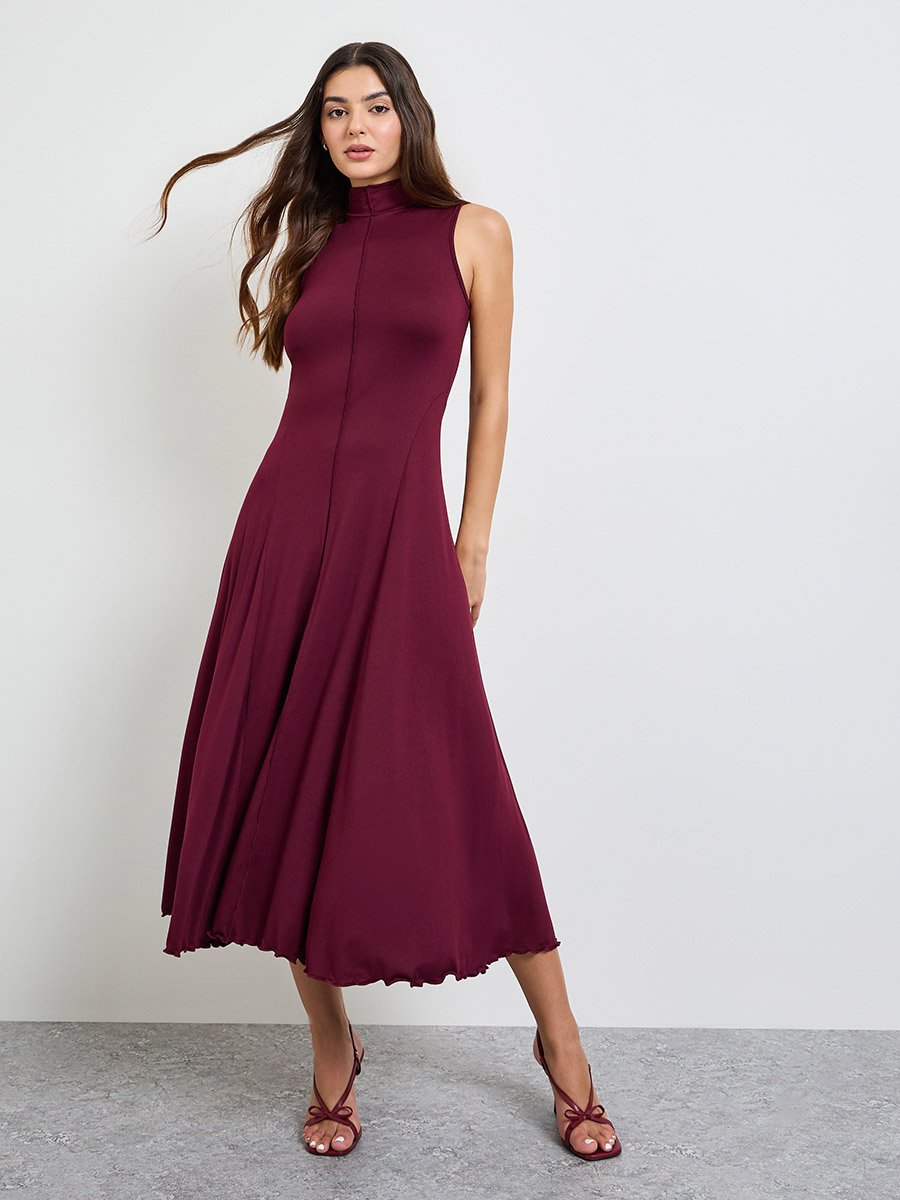 Burgundy Sleeveless A-Line Midi Dress